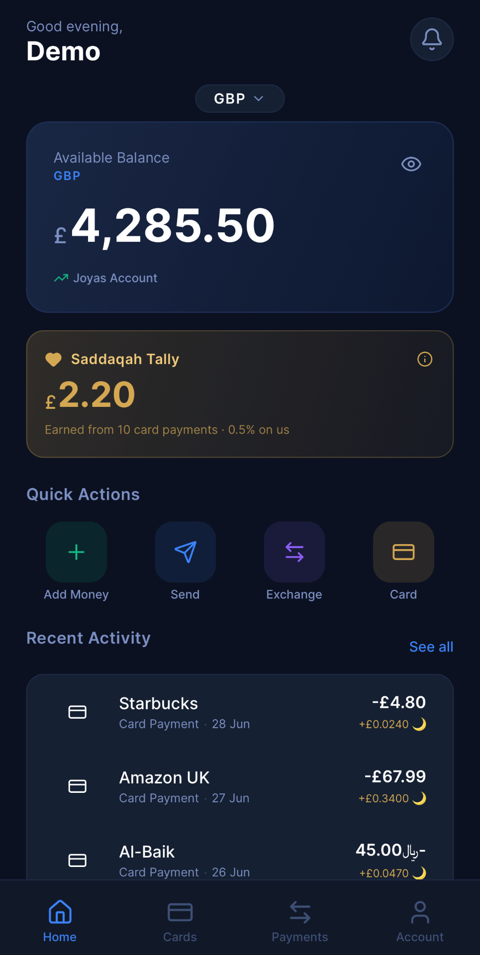 Joyas Pay home screen showing balance and Saddaqah Tally