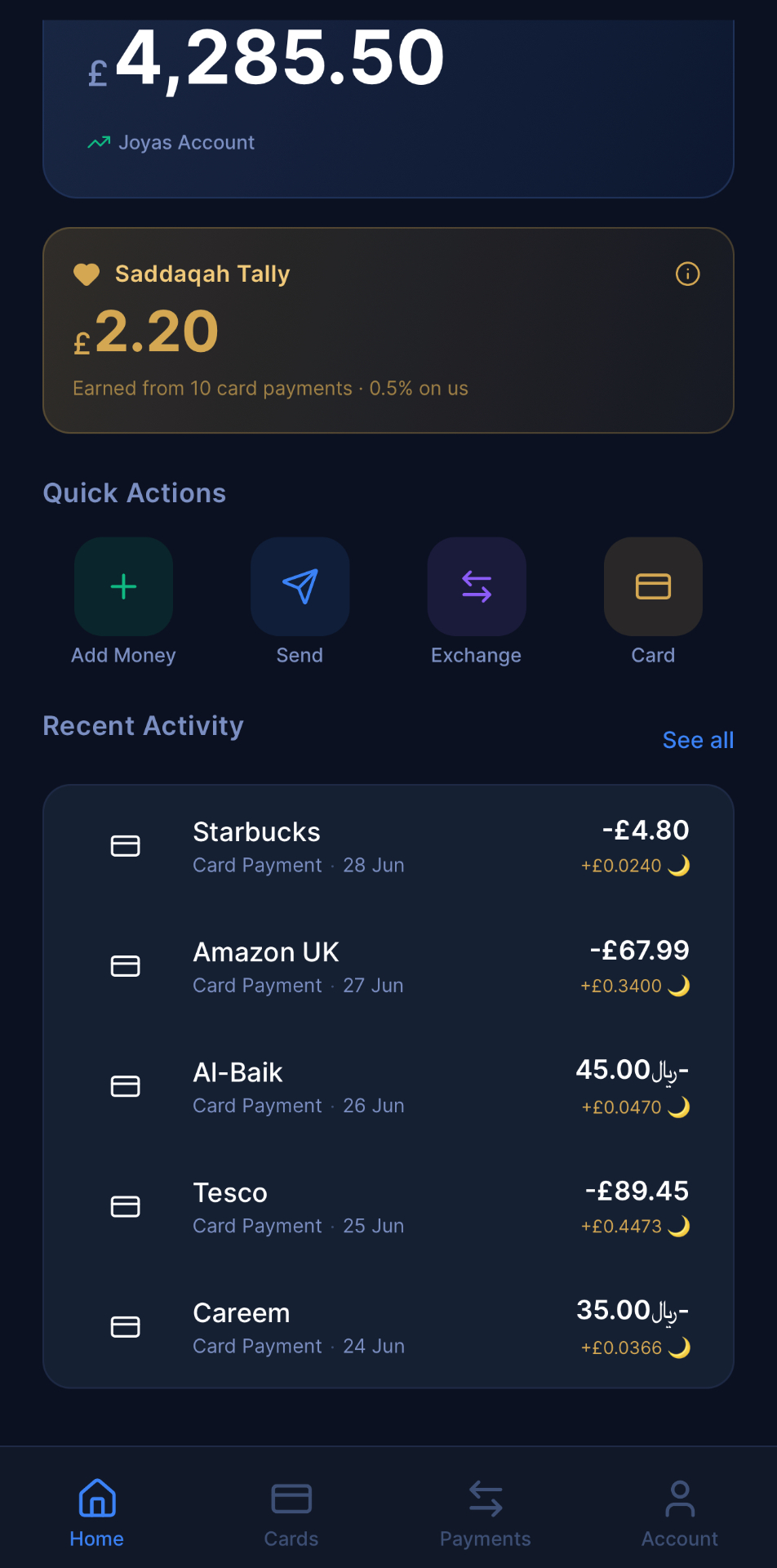 Saddaqah Tally card showing £2.20 earned from card payments